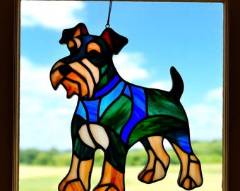 Stained Glass Schnauzer Dog Suncatcher – Handmade Pet Portrait Window Hanging Gift