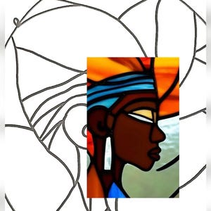 May include: Stained glass artwork featuring a profile of a person with dark skin, wearing a blue and orange headdress and white earrings. The artwork is set within a circular, geometric frame.