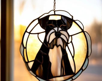 Stained Glass Schnauzer Suncatcher: Handmade Dog Pet Portrait, Home Decor