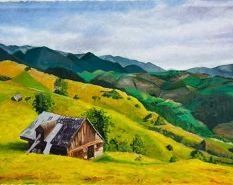 Landscape Original Oil Painting, Cozy House in the Mountains, Scenic Nature Artwork, Cottage Wall Art, Alpine Landscape