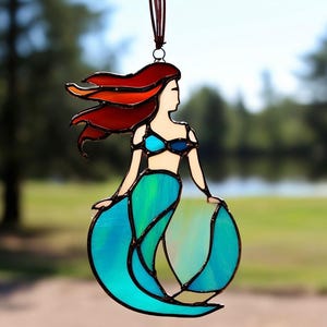 Stained Glass Mermaid blue Mermaid Suncatcher Handmade Suncatcher Ocean-Inspired Decor Coastal Home Accent Colorful Window Decor Beach House