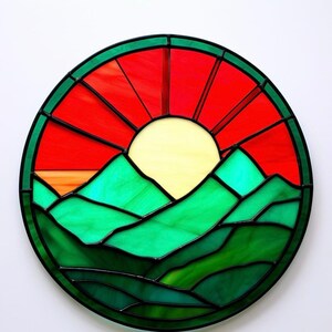 Stained Glass Mountain Sunset: Handcrafted Nature Art Home Decor