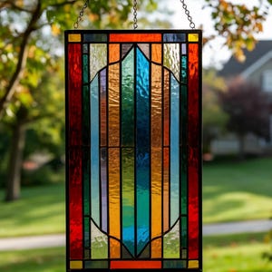 Stained Glass Striped Panel – Colorful Rectangle Window Hanging, Modern Geometric Home Decor