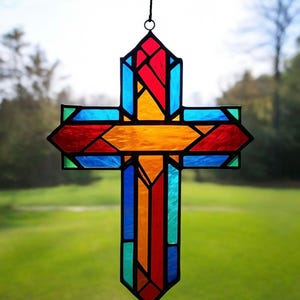 Handmade Stained Glass Cross Suncatcher: Religious Window Decor