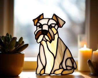 Stained Glass Schnauzer Suncatcher: Handmade Dog Pet Portrait, Unique Home Decor