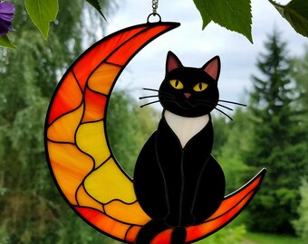 Stained Glass Cat on Moon Suncatcher: Whimsical Window Decor