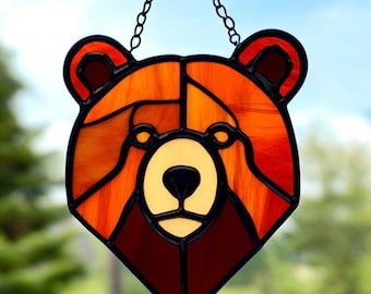 Vitral con forma de oso grizzly: decoración rústica de cabaña hecha a mano