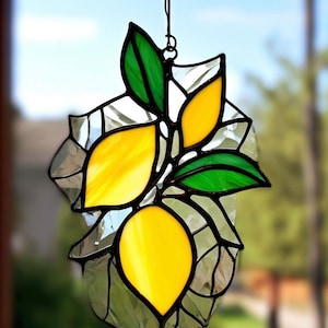 Stained Glass yellow Lemon Suncatcher Handmade Citrus Window Decor garden Yellow Fruit Ornament, Kitchen Accent, Unique Gift for Lemon Lover