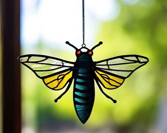 Stained Glass Cicada Suncatcher: Handmade Insect Window Art