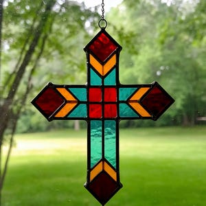 Stained Glass Geometric Cross – Modern Colorful Window Hanging, Abstract Religious Decor, Handmade Glass Art