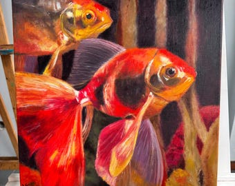 Goldfish Original Oil Painting, Two Goldfish Artwork, Fish Painting, Original Fish Wall Art, Japanese Inspired Art, Aquatic Decor