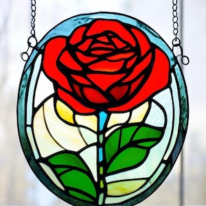 Stained Glass Rose red floWer SunCatcher Handmade Floral Decor Romantic Window Ornament Unique Gift Home Wall Decoration Rose Window Hanging