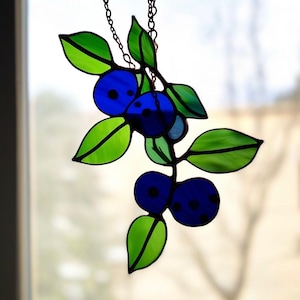 Stained Glass Blueberry Suncatcher: Handmade Berry Branch Window Art