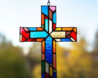 Handmade Stained Glass Cross: Christian Religious Home Decor