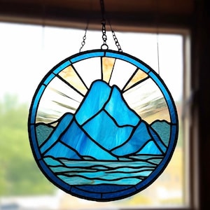 Handmade Stained Glass Mountain Suncatcher: Nature-Inspired Window Decor