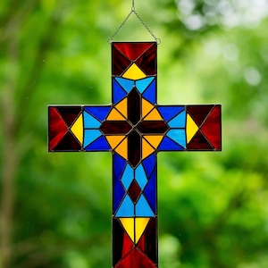 Stained Glass Geometric Cross – Modern Colorful Window Hanging, Abstract Religious Decor, Handmade Glass Art
