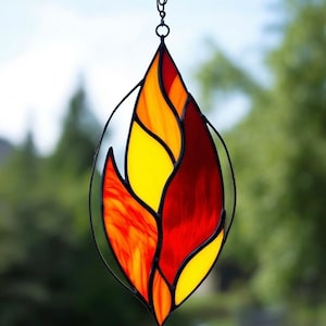 Handcrafted Stained Glass Flame Fiery Art Glass Suncatcher Passionate Souls Symbol of Energy Transformation Inner Light Unique Fire Decor