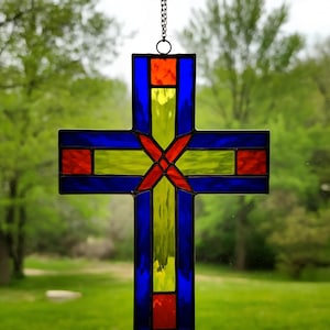 Stained Glass Geometric Cross – Modern Colorful Window Hanging, Abstract Religious Decor, Handmade Glass Art