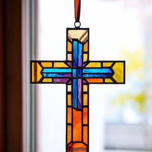 Handcrafted Stained Glass Cross Suncatcher: Colorful Christian Decor