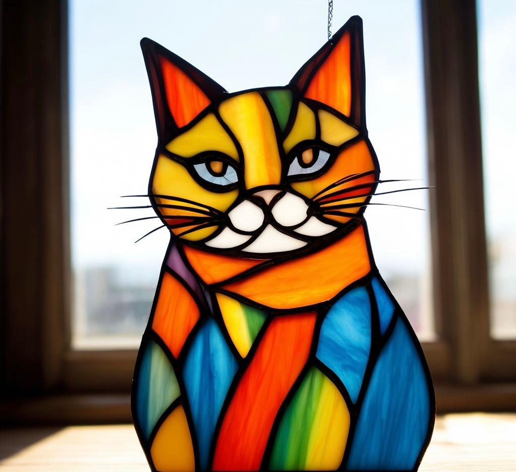 ステンドグラスの猫のサンキャッチャー：手作りの冬の窓飾り - Etsy 日本