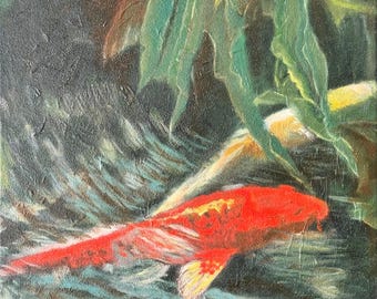 Original Oil Painting, Japanese Inspired Goldfish Art, Contemporary Still Life