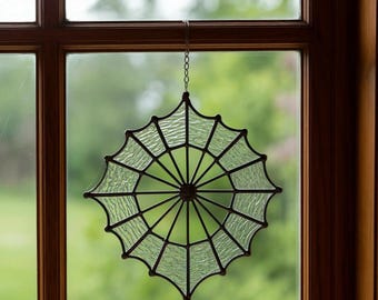 Handcrafted Stained Glass Spider Web corner Suncatcher: Halloween Window Decor