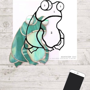 May include: A stained glass frog pattern with numbered sections. The pattern is outlined in black and includes the text "COPYRIGHT 2023".