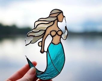 Atrapasueños de sirena de vidrieras artesanales: decoración costera para ventanas