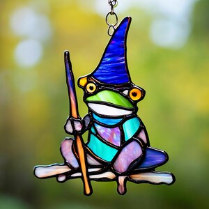 Stained Glass Wizard Frog Suncatcher: Handmade Cottagecore Window Decor