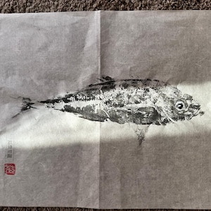 Gyotaku Fish Print: Blue Jack Mackerel, Japanese Washi Paper Art