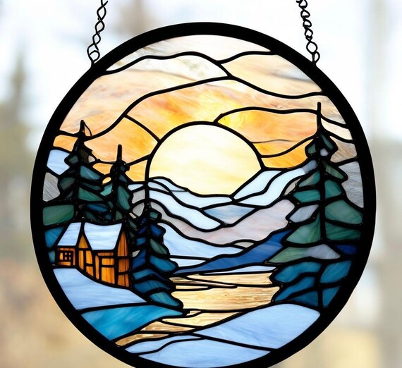 手作りステンドグラスの冬景色サンキャッチャー：雪景色の装飾 - Etsy 日本