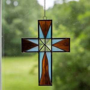 Stained Glass Cross Suncatcher: Geometric Christian Decor, Handmade
