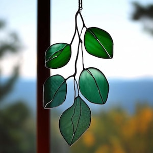Handmade Stained Glass Branch with Leaves Suncatcher Nature-Inspired Window Decor Leafy Tree Ornament Rustic Botanical Gift, Greenery Home