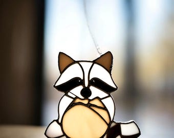 Raccoon with Cookie Stained Glass Suncatcher, Handmade Window Decor