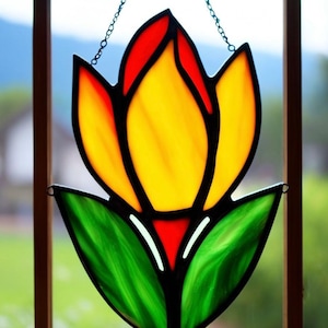 Handcrafted Stained Glass Tulip Suncatcher: Colorful Floral Window Art