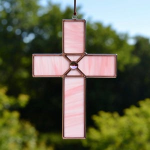 Handcrafted Stained Glass Pink Cross: Elegant Christian Home Decor