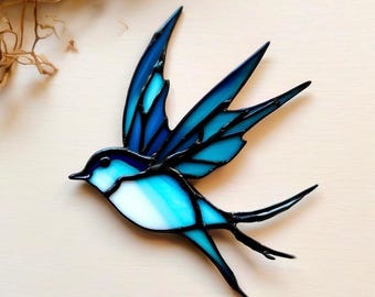 Handmade Stained Glass Swallow Suncatcher: Blue Bird Window Art