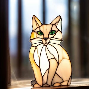 Handmade Stained Glass Cat Suncatcher: Beige Home Decor