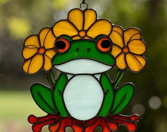 Stained Glass Frog Suncatcher: Handmade Floral Window Hanging, Whimsical Garden Decor