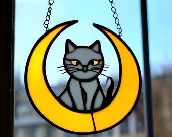 Stained Glass Cat on Moon Suncatcher: Whimsical Window Decor