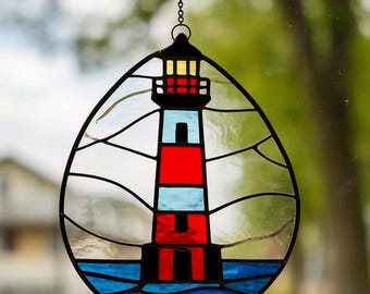 Stained Glass Lighthouse Suncatcher: Handmade Nautical Window Decor
