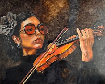 Original Oil Painting Violinist Portrait, Black Orange Abstract Music Art