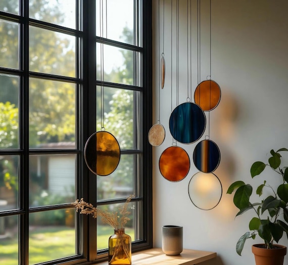 Modern Stained Glass Mobile – Art Deco Style Colorful Suncatcher, Contemporary Window Decor