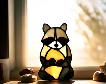 Raccoon with Cookie Stained Glass Suncatcher: Adorable Window Decor