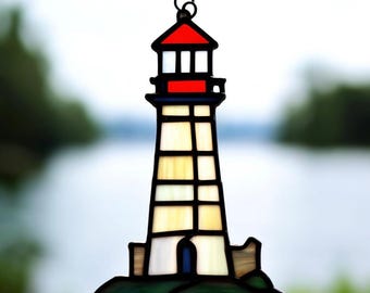 Stained Glass Lighthouse Suncatcher: Handcrafted Nautical Coastal Decor