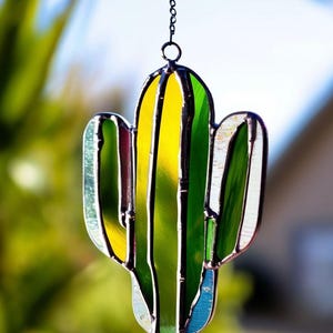 Handcrafted Stained Glass Cactus Suncatcher: Nature-Inspired Window Decor