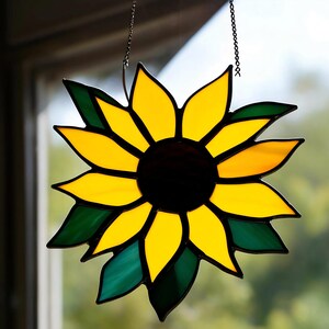 Handgemaakte glas-in-lood zonnebloem zonnevanger: geel raam tuindecoratie