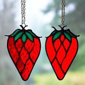 2 Stained Glass red Strawberry Suncatcher Handmade Fruit Decor Unique Kitchen Decoration Summer Window Art Gift nature Garden Berry Lover