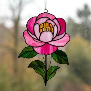 Stained Glass Peony Suncatcher: Handmade Pink Floral Window Hanging