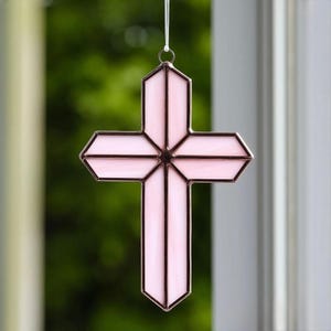 Handcrafted Stained Glass Pink Cross: Elegant Christian Home Decor